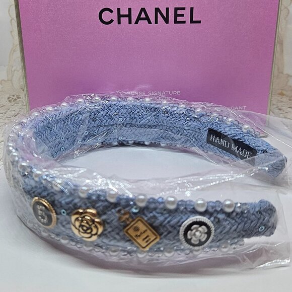 No5 Camellia Flower Headband Blue with Pearls and Sequins New main image 4